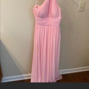 Donna Morgan bridesmaid blush pink dress.